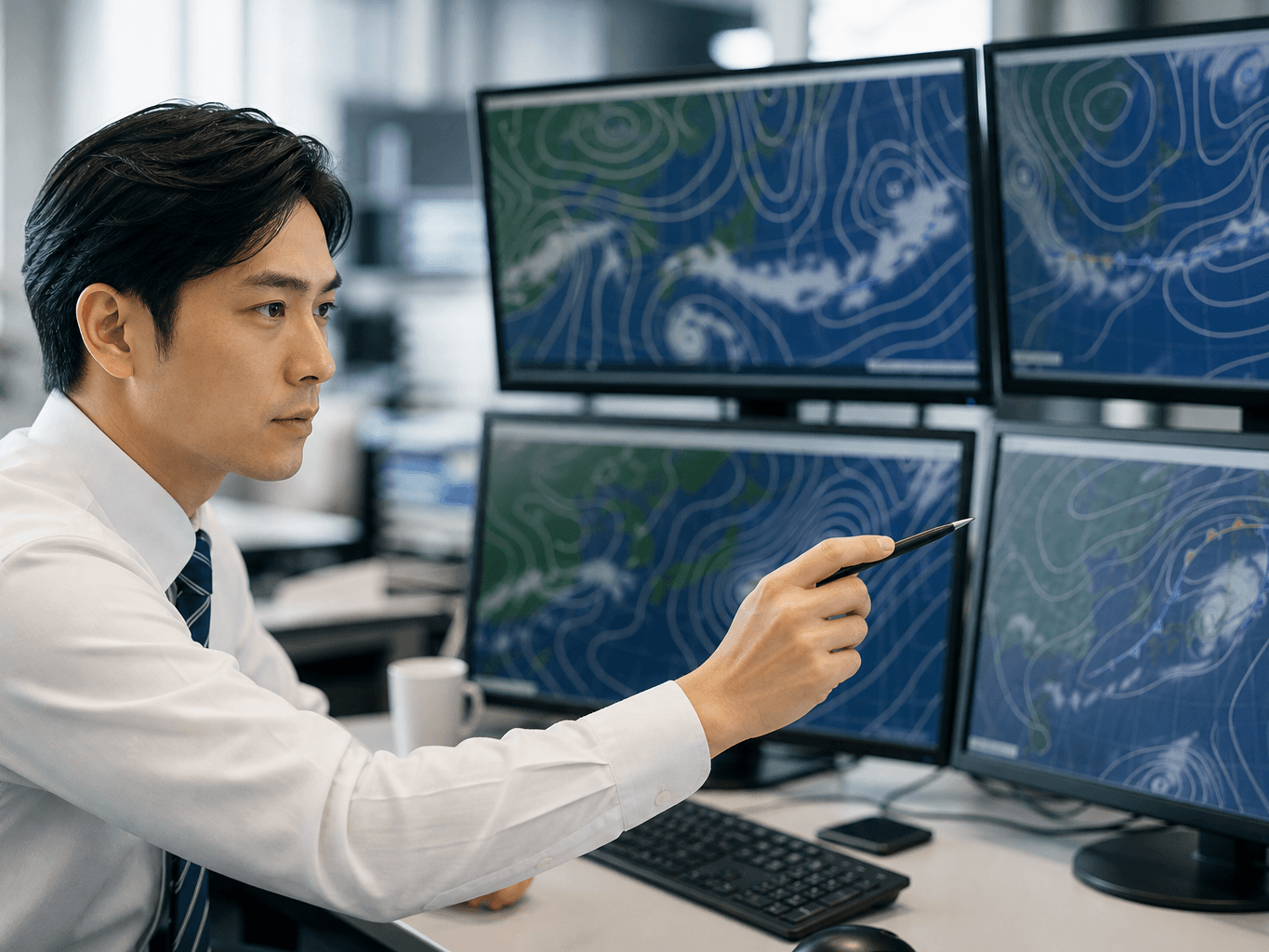 天気図を解析する気象予報士 - Meteorologist Analyzing Weather Charts
