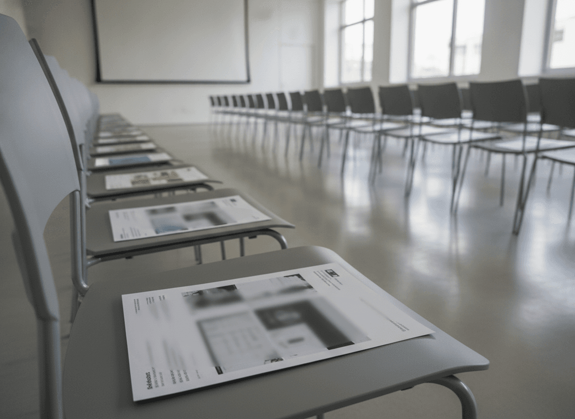 セミナー会場に並ぶパイプ椅子と配布資料 - Folding Chairs and Handouts in a Seminar Room