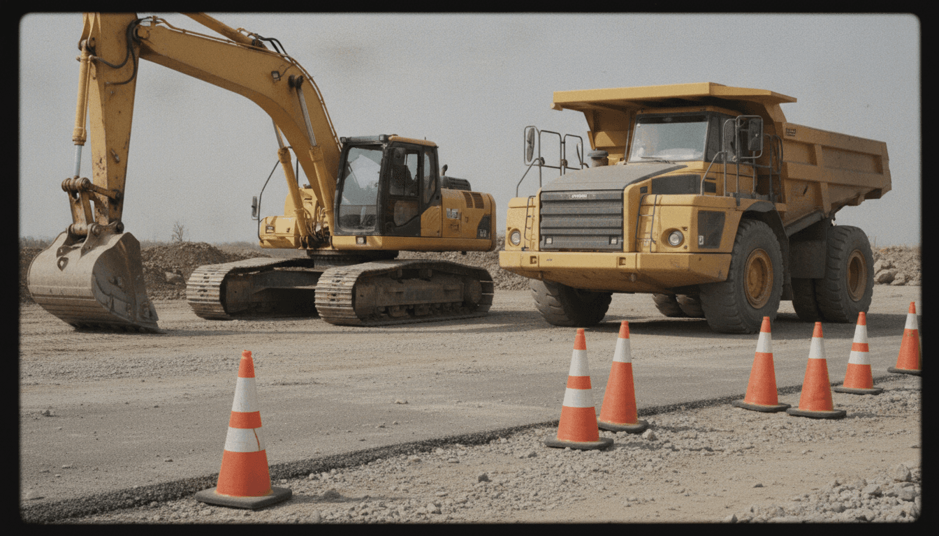 道路工事現場の重機とカラーコーン