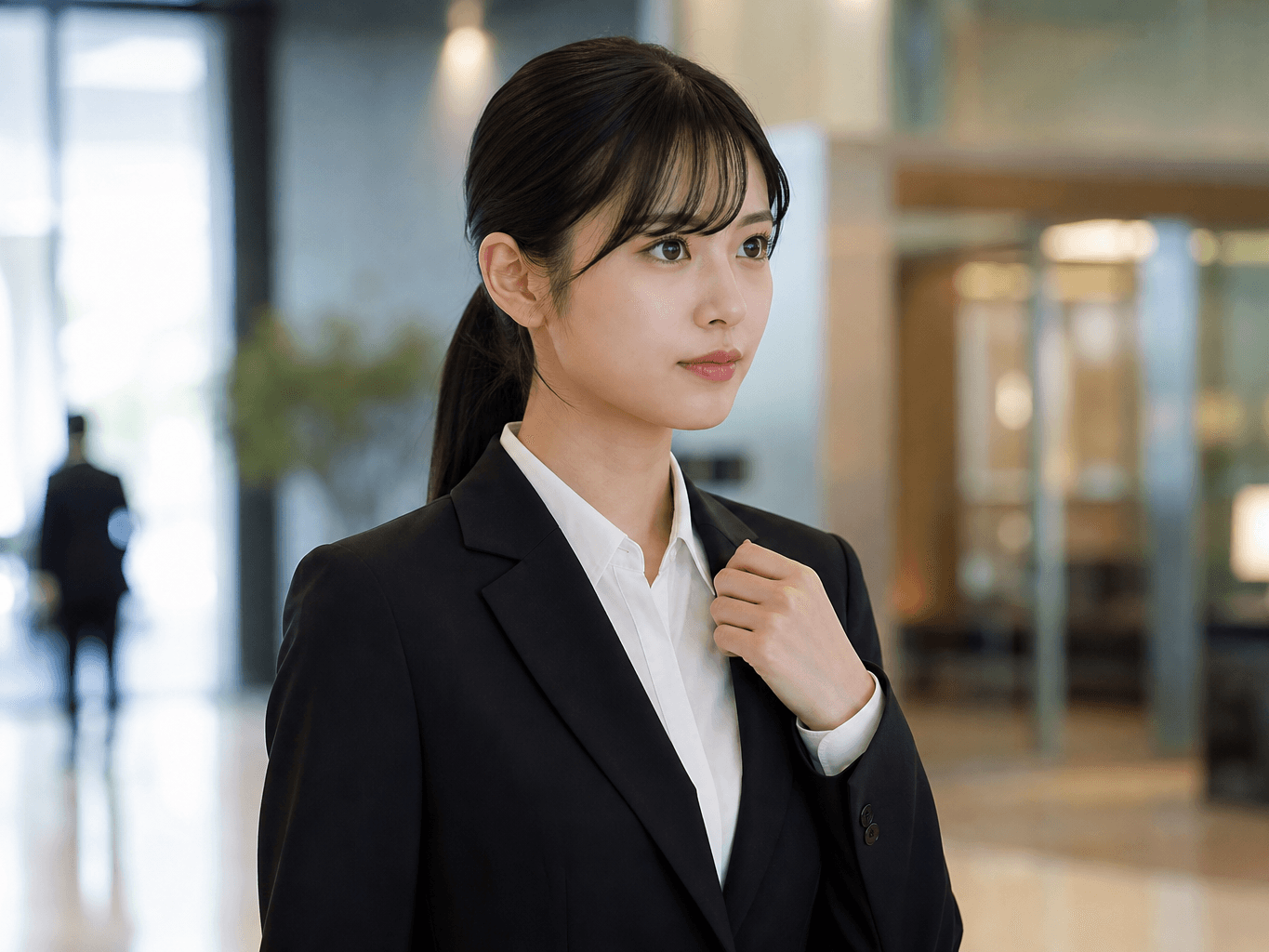 面接前のロビーで襟元を正す就活生 - Job applicant adjusting suit collar before an interview