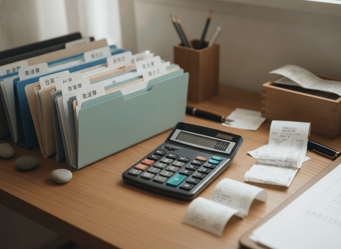 木製デスクに並ぶ整理された領収書と電卓 - Organized Receipt Folders and Calculator on Wooden Desk