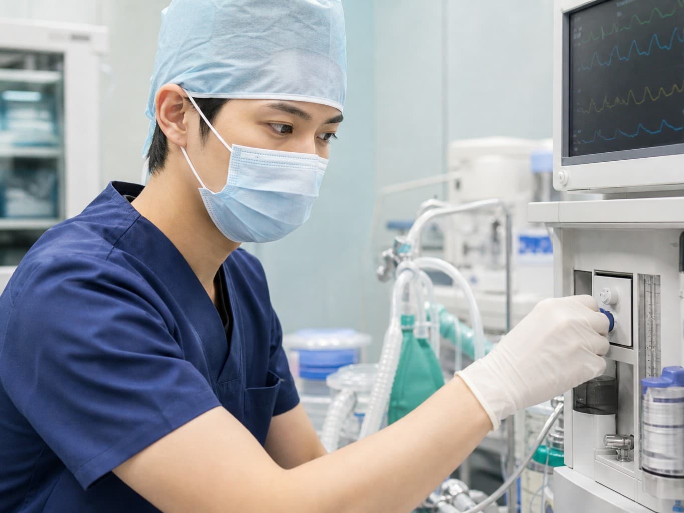 麻酔器を確認する麻酔科医 - Anesthesiologist checking an anesthesia machine