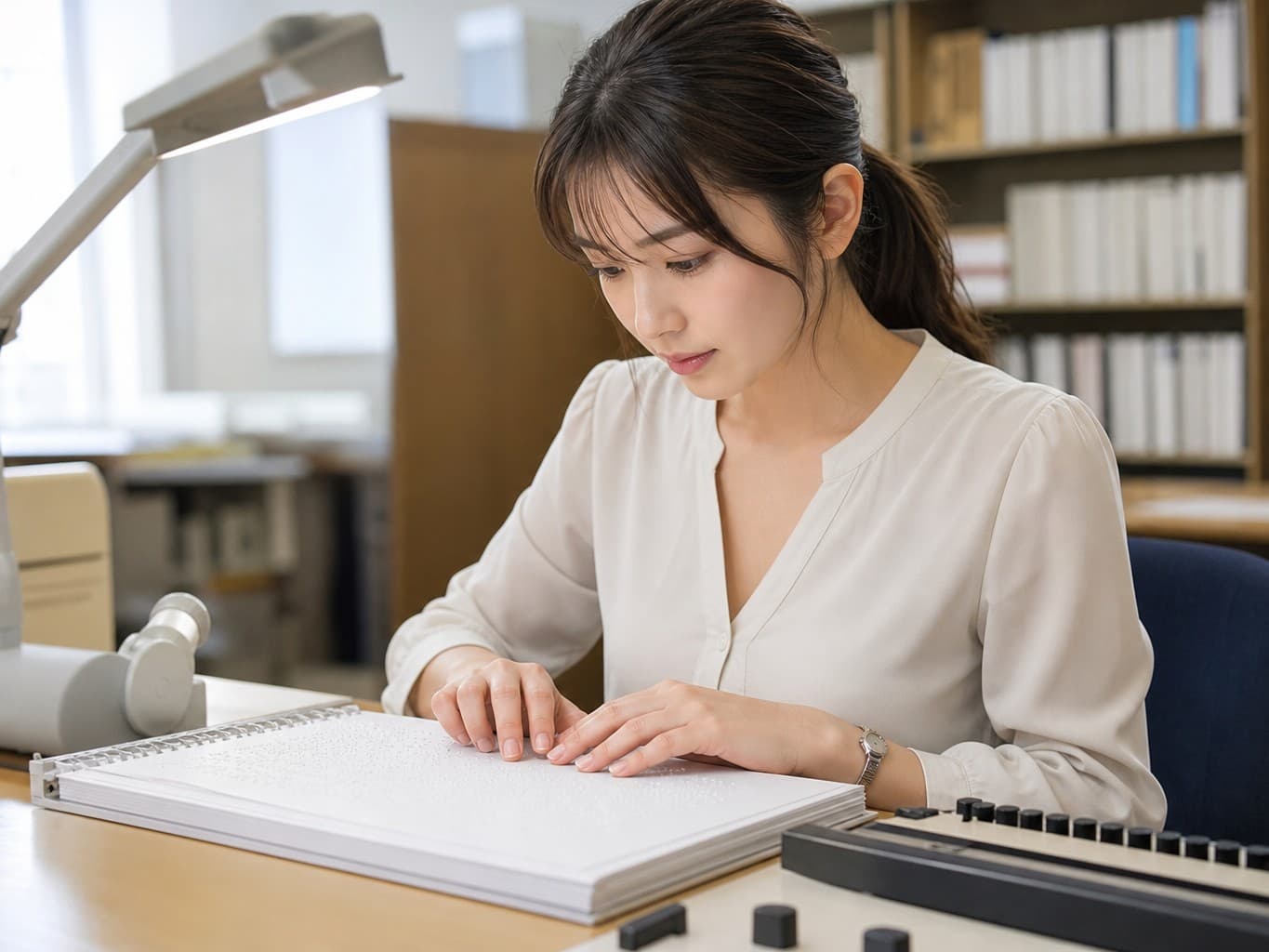 点字を読み取る点字翻訳者 - Braille transcriber reading braille with her fingertips