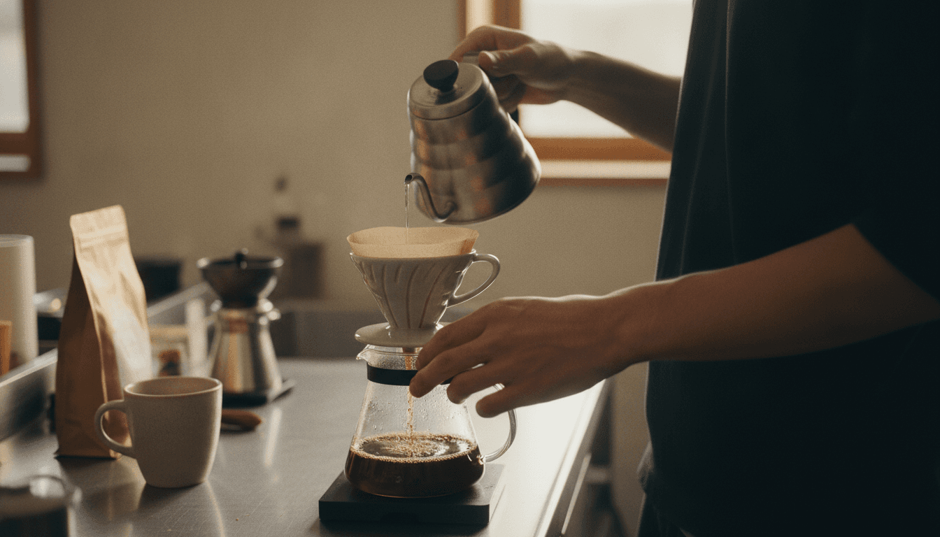 オフィスのキッチンでコーヒーを淹れる手元