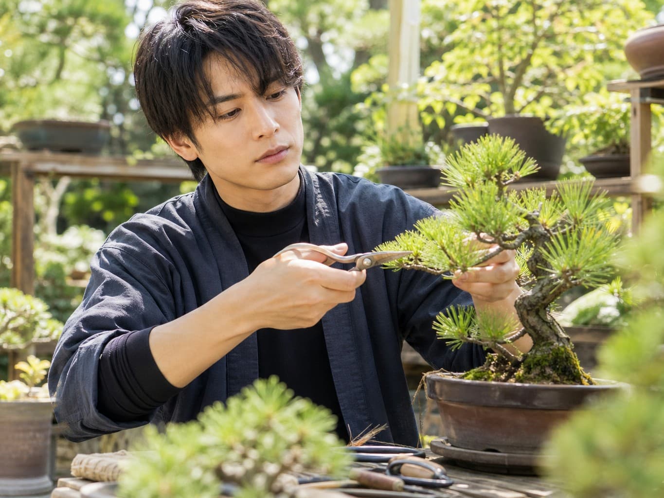 盆栽の枝を剪定する盆栽師 - Bonsai artist pruning a small bonsai tree