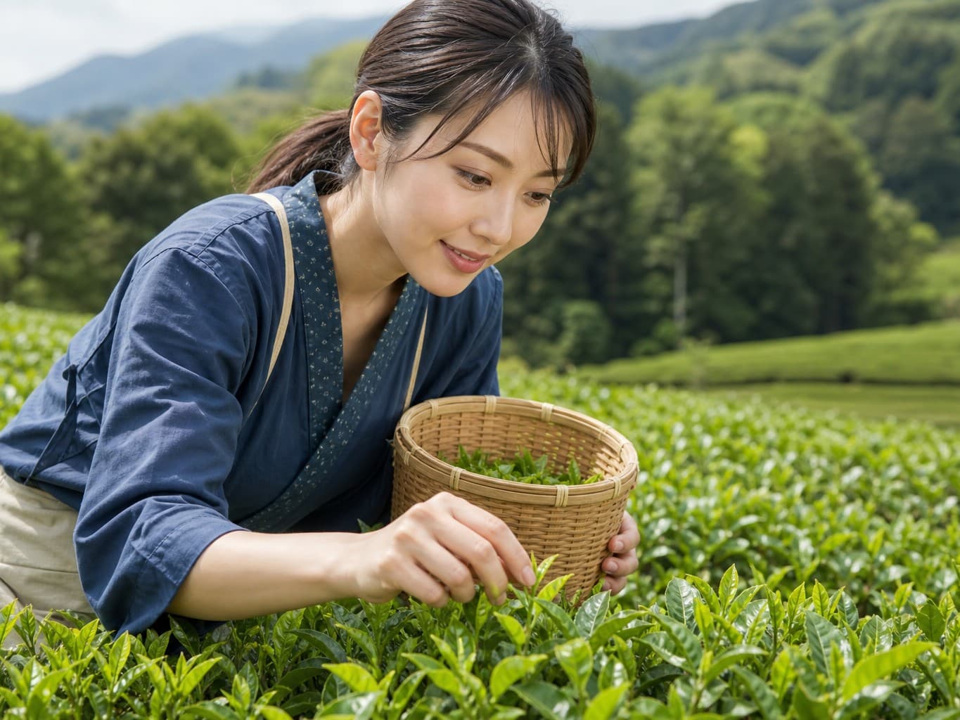 茶畑で新芽を摘む茶農家 - Tea farmer picking fresh shoots in a tea field