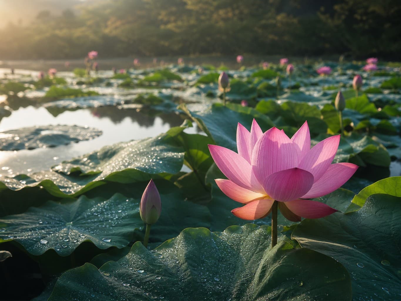 朝露が光る蓮の池 - Pink lotus flowers and dewy leaves on a morning pond