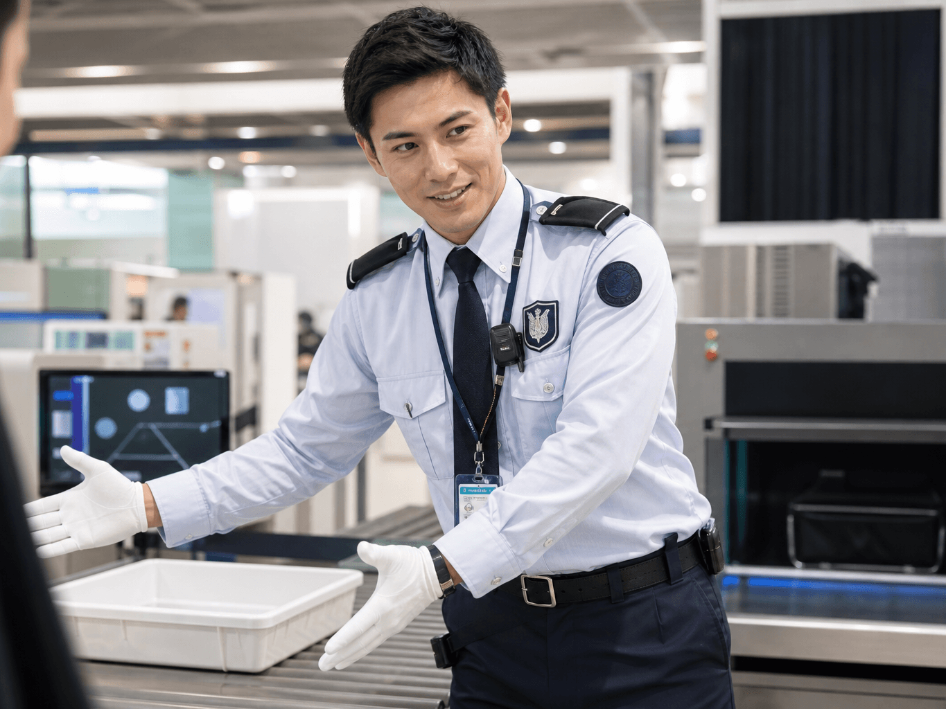 手荷物検査場で案内するスタッフ - Airport Security Staff Guiding a Passenger