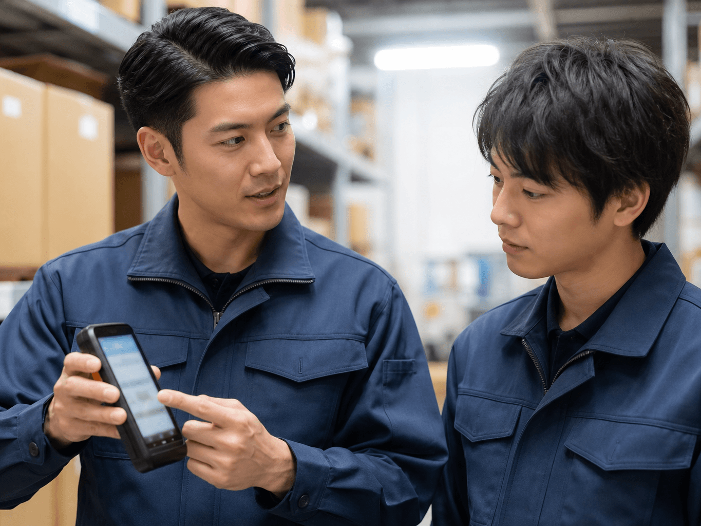 倉庫内で端末操作を教える指導員とスタッフ - Instructor Teaching Warehouse Staff Handheld Device Operations