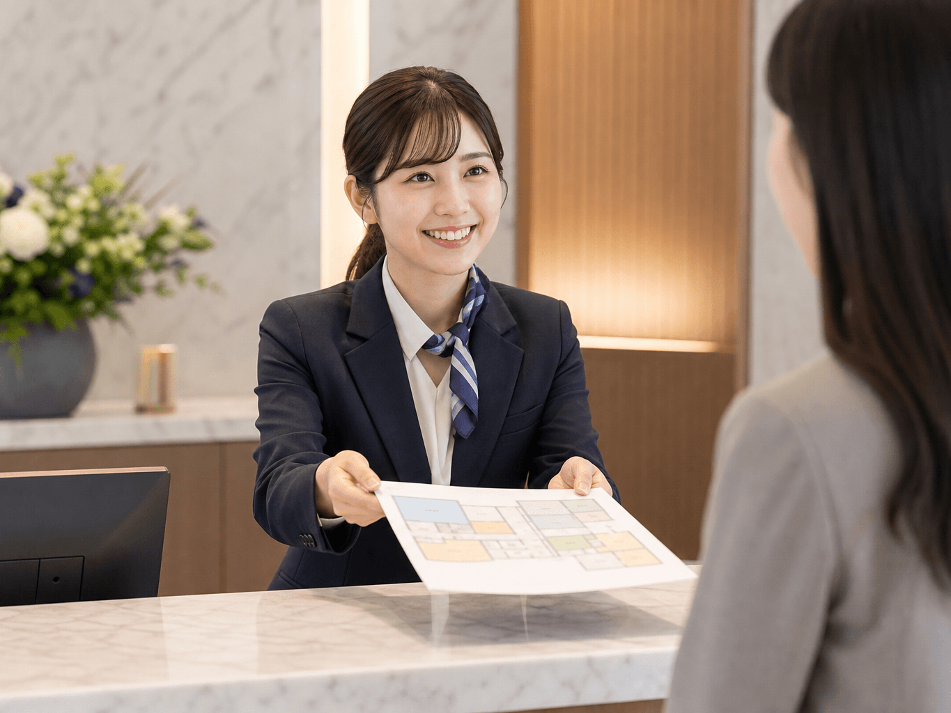 企業の総合受付カウンターで来訪者に笑顔でフロア案内図を手渡す女性受付の様子