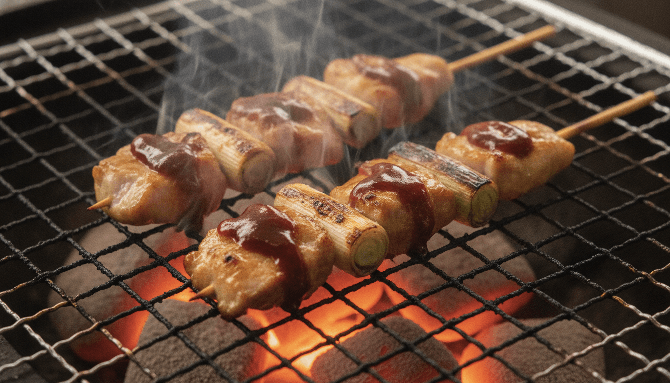 炭火の網の上で煙を上げる焼き鳥