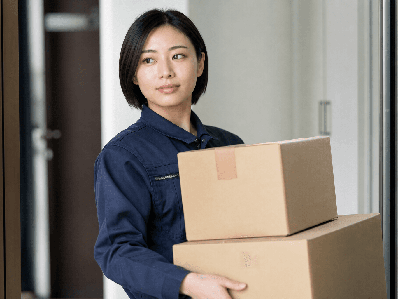 段ボールを運ぶ引っ越しスタッフ - Moving Company Staff Carrying a Box