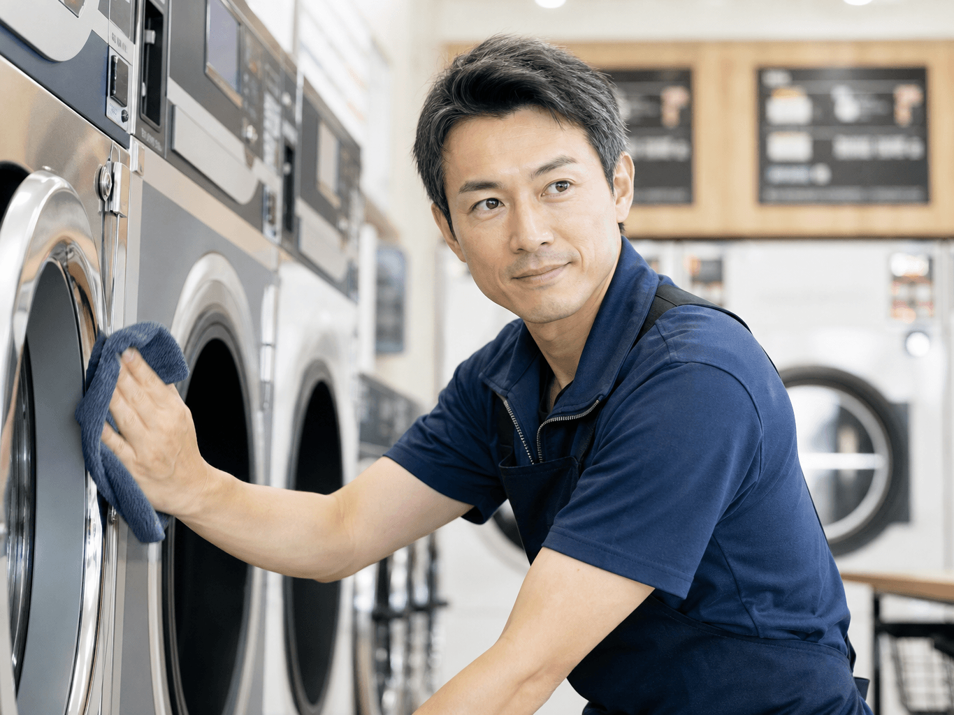 清掃をするコインランドリースタッフ - Laundromat Staff Cleaning the Washing Machines
