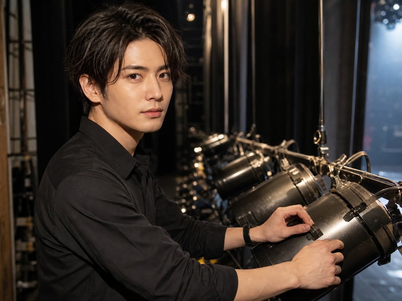照明を調整する舞台照明技師 - Stage lighting technician adjusting spotlights