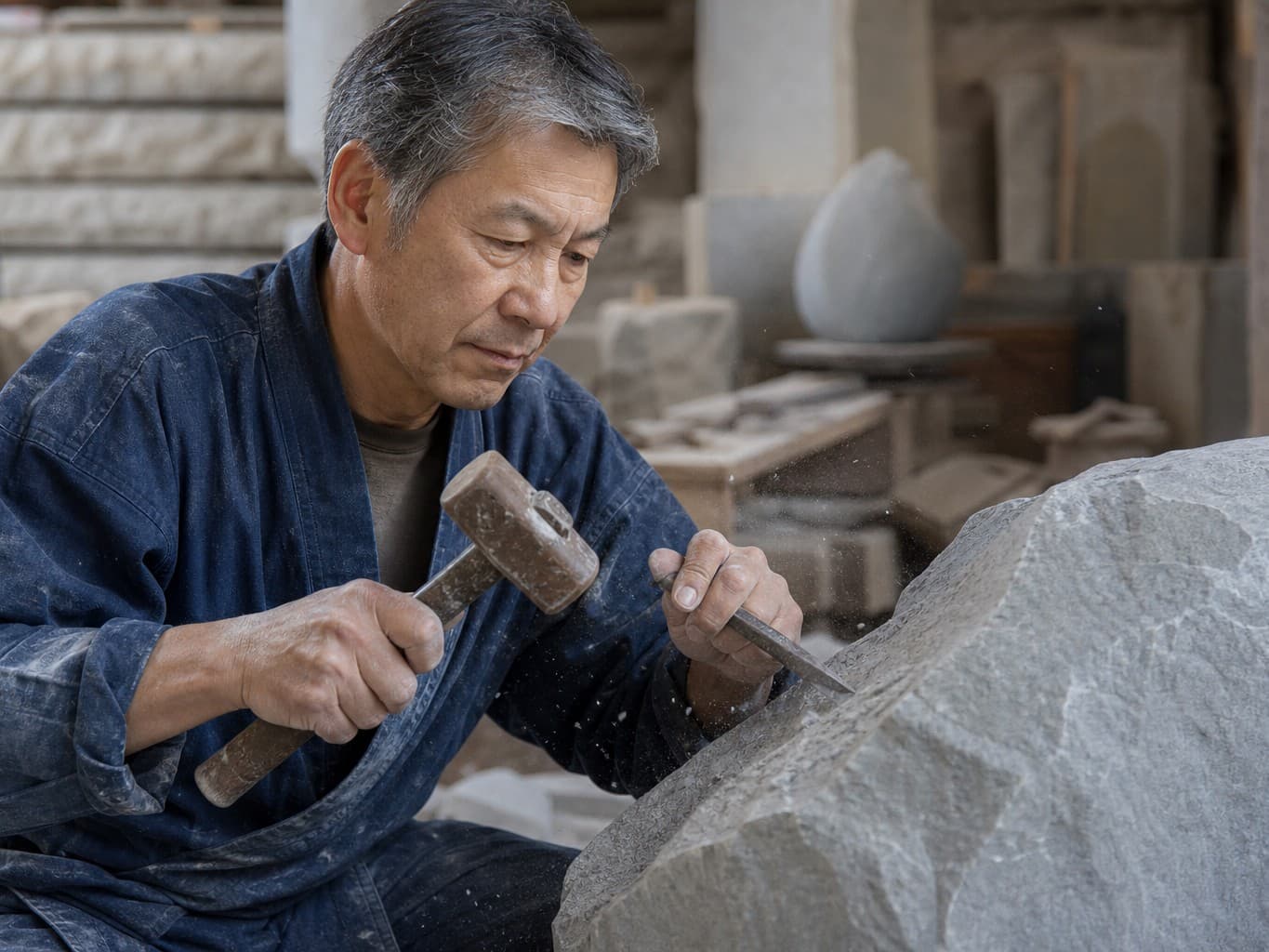 石を鑿で削る石工 - Stonemason carving a block of stone with a chisel