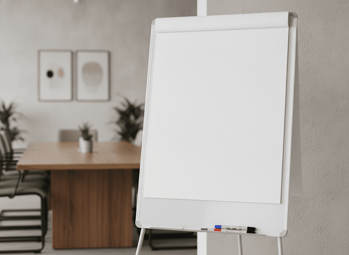 会議室の壁際に置かれたフリップチャート - Flip Chart Easel and Markers in Meeting Room