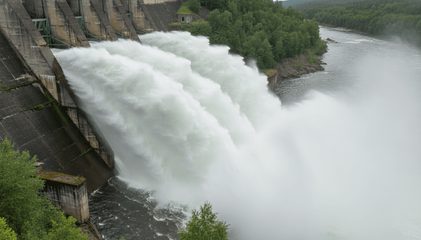 豪快に水沫を上げる水力発電ダムの放水風景