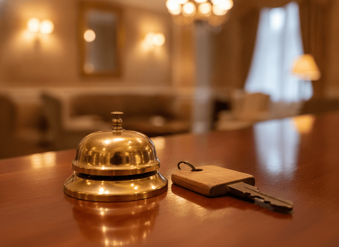 ホテル受付の真鍮製ベルと木製ルームキー - Brass Service Bell and Wooden Room Key on Hotel Reception Desk