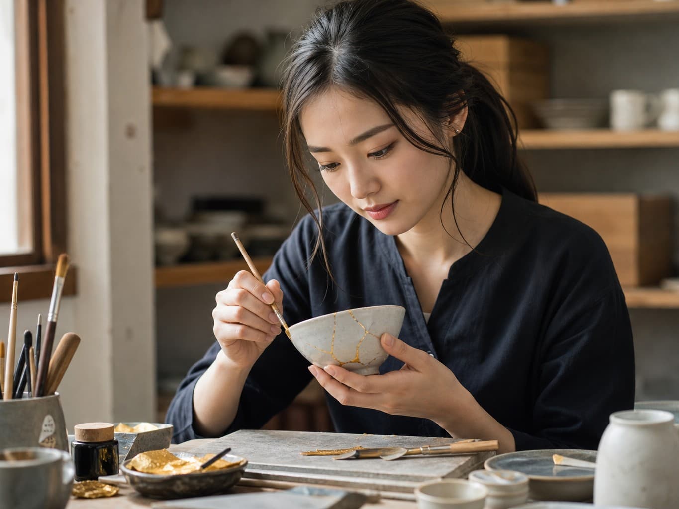 陶器を金継ぎで修復する職人 - Kintsugi artisan repairing ceramics with gold