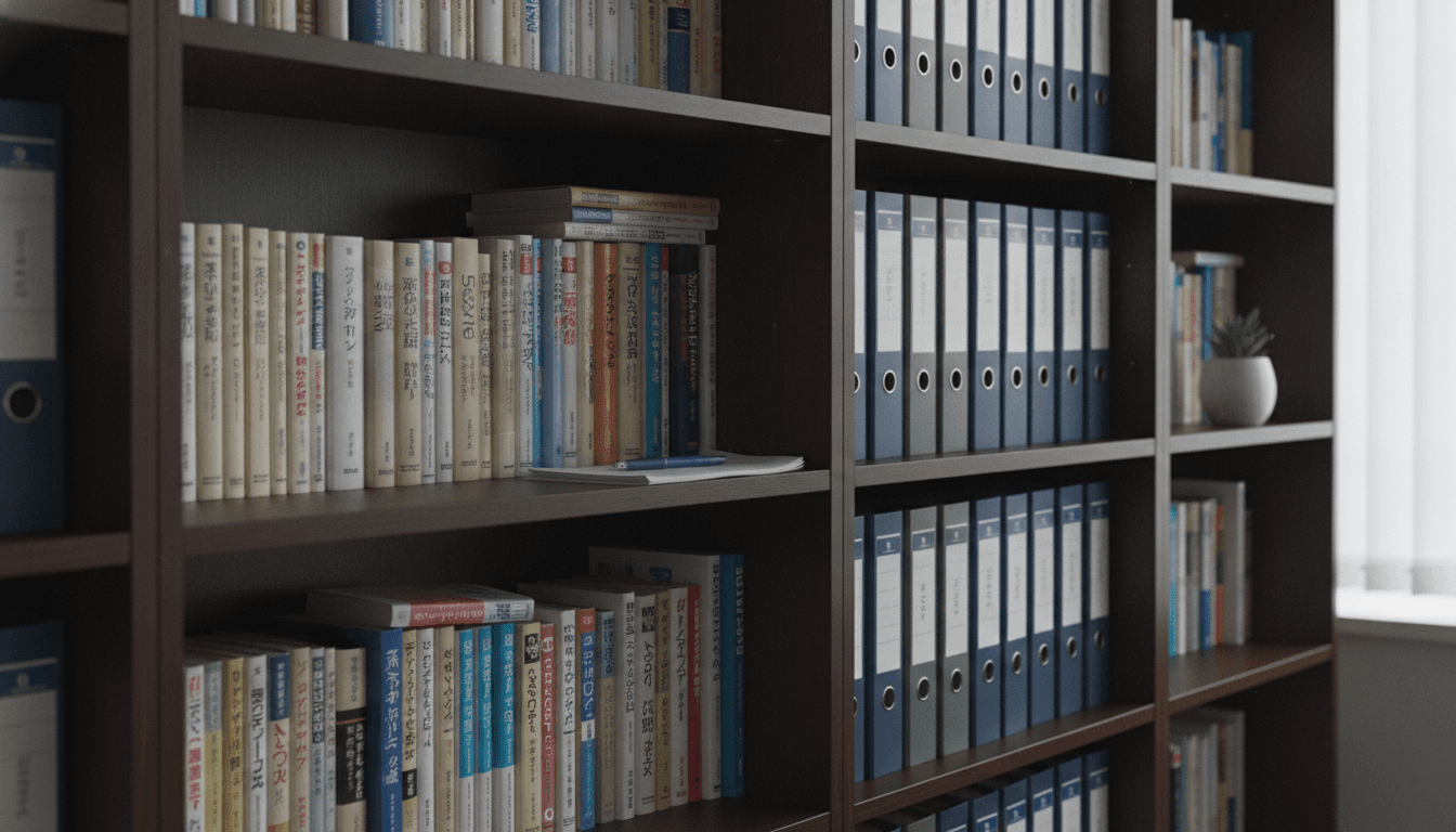 オフィスの本棚に並ぶビジネス書とファイル