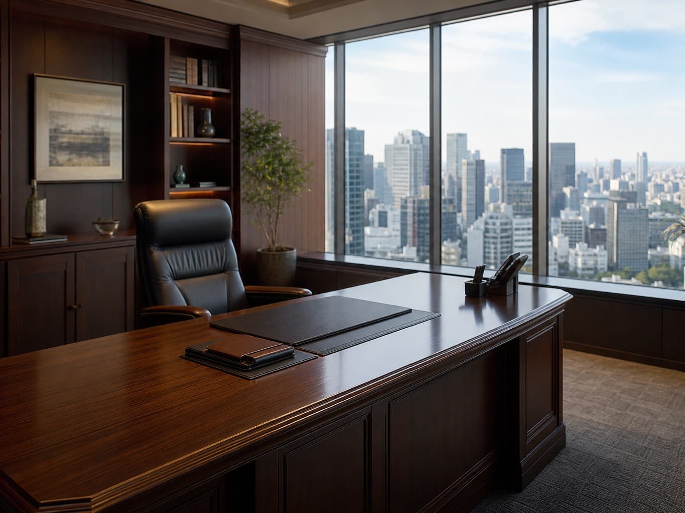 都心を見渡す窓辺の社長室 - Executive office with a city view and a leather chair