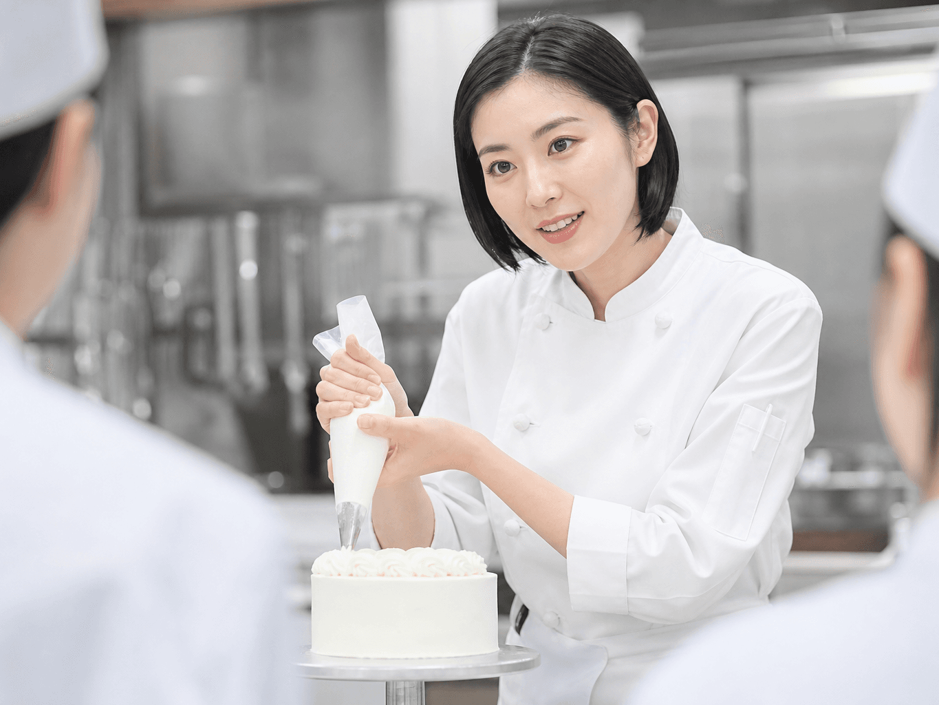 クリームの絞り方を指導するパティシエ - Pastry Chef Teaching Students at a Culinary School