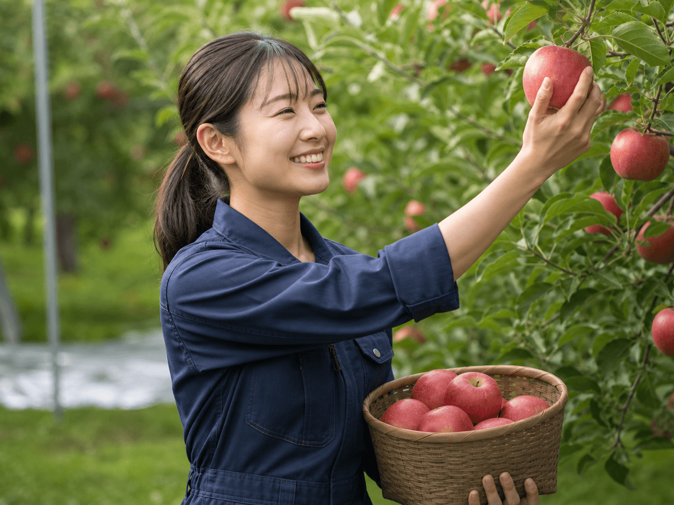 りんごを収穫する女性 - Woman Harvesting Apples in an Orchard