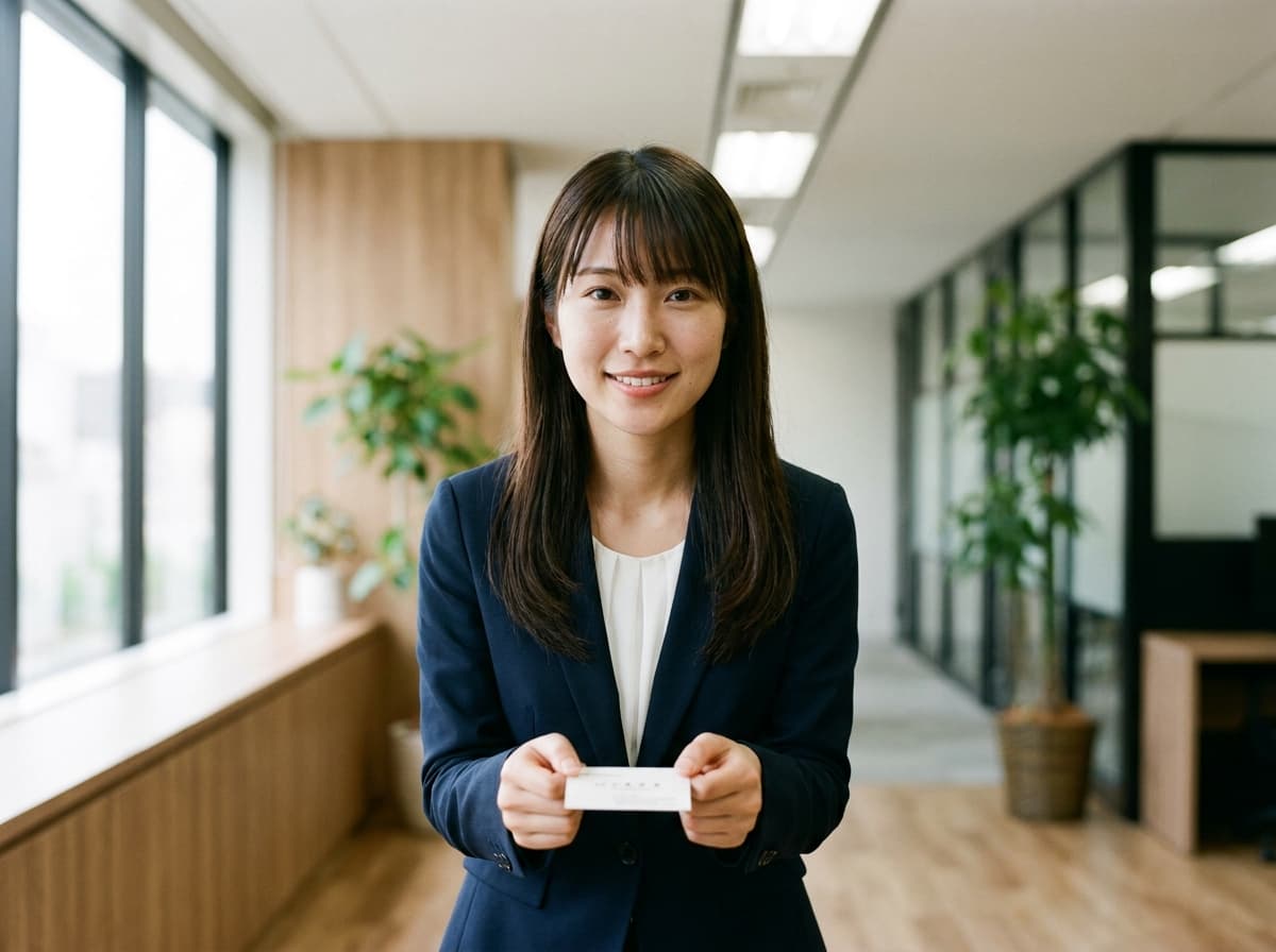 応接室で名刺を手に微笑む女性社員