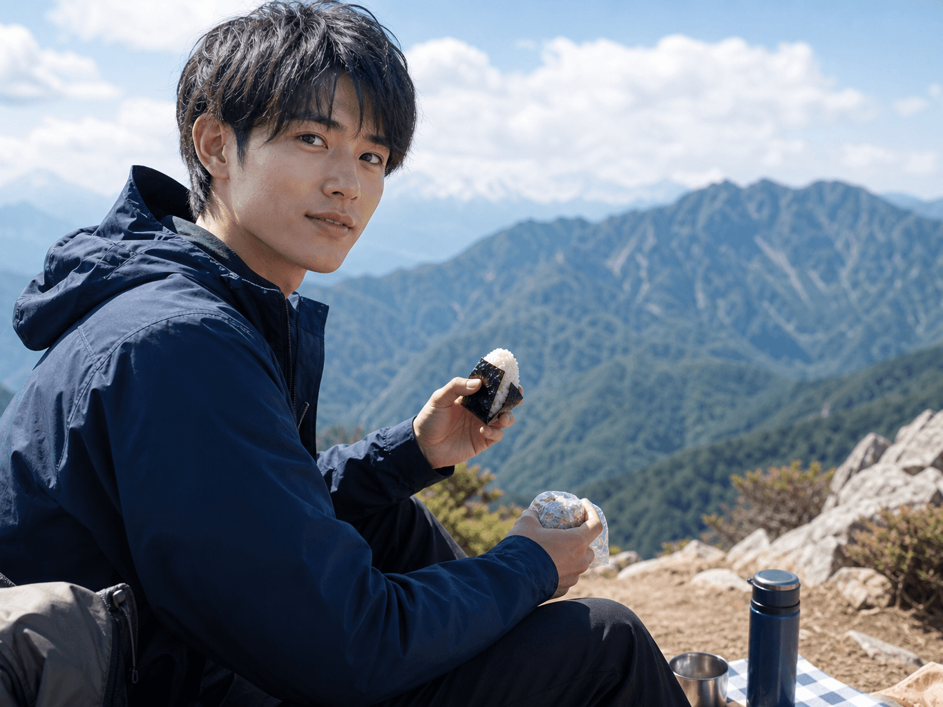展望スポットで休憩するハイカー - Hiker taking a snack break at a mountain viewpoint