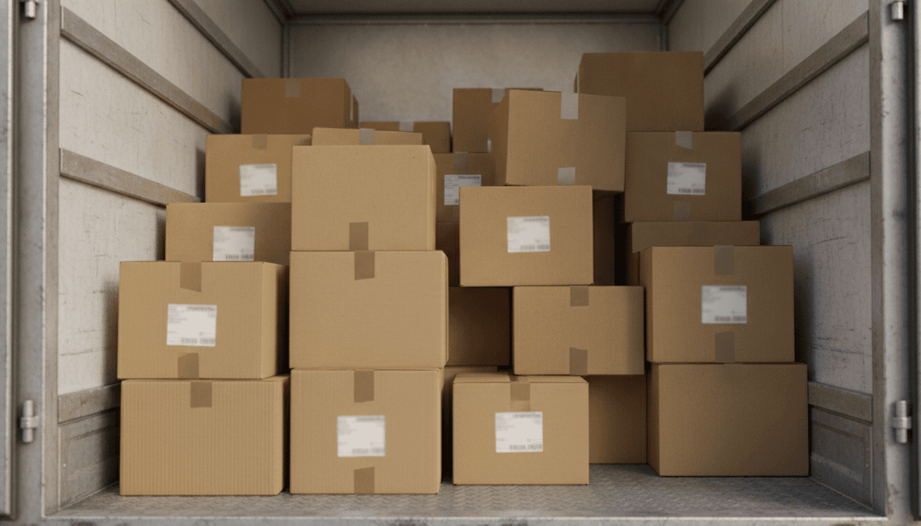 トラックの荷台に積み込まれる大量の配送箱