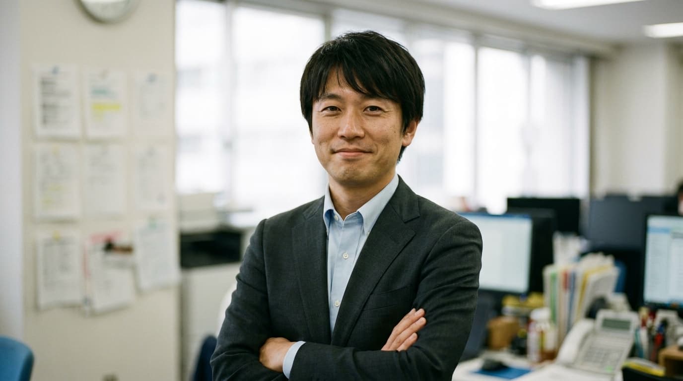 オフィス背景で腕を組む男性社員の肖像