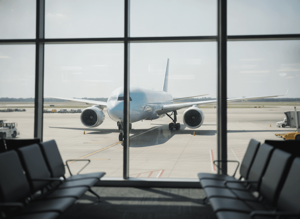 窓越しに見る空港の駐機中大型旅客機 - Commercial airplane parked at tarmac viewed through boarding gate window