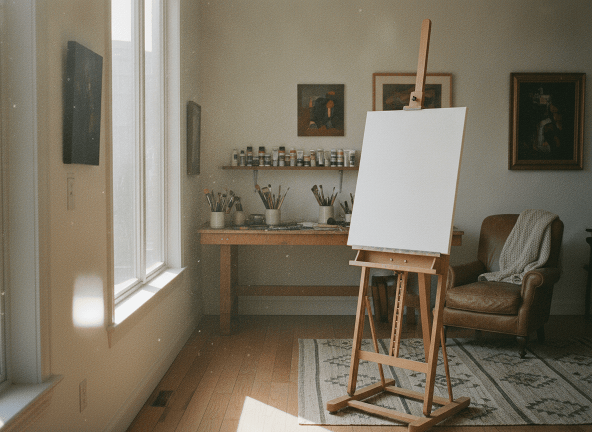 アトリエのイーゼルに置かれた白キャンバス - Blank canvas on an easel in a quiet art studio
