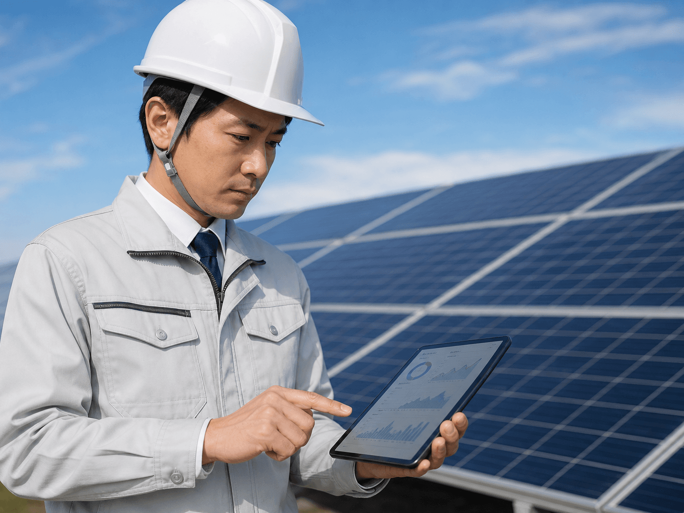 ソーラーパネルを点検する技術者 - Technician Inspecting Solar Panels