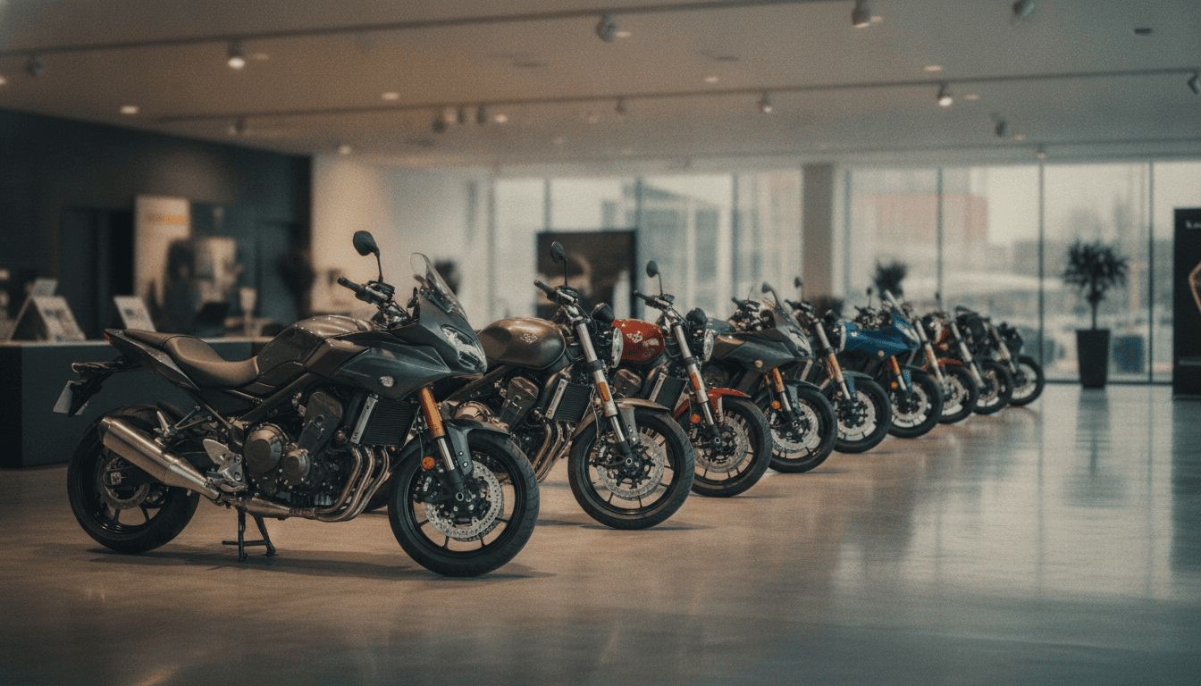 バイクショップの店内に並ぶオートバイ