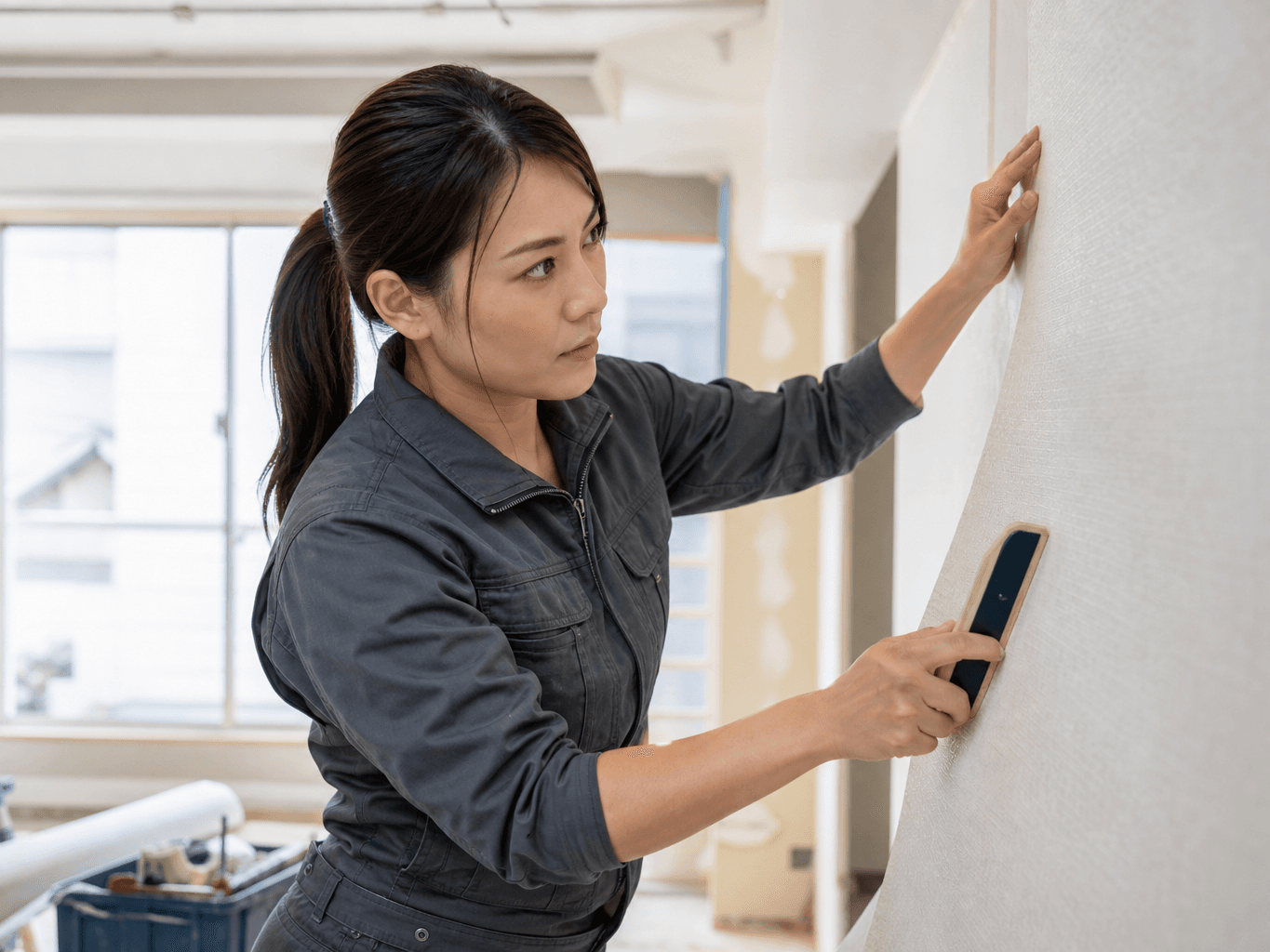 壁紙を貼る内装職人 - Craftsperson Applying Wallpaper During a Renovation