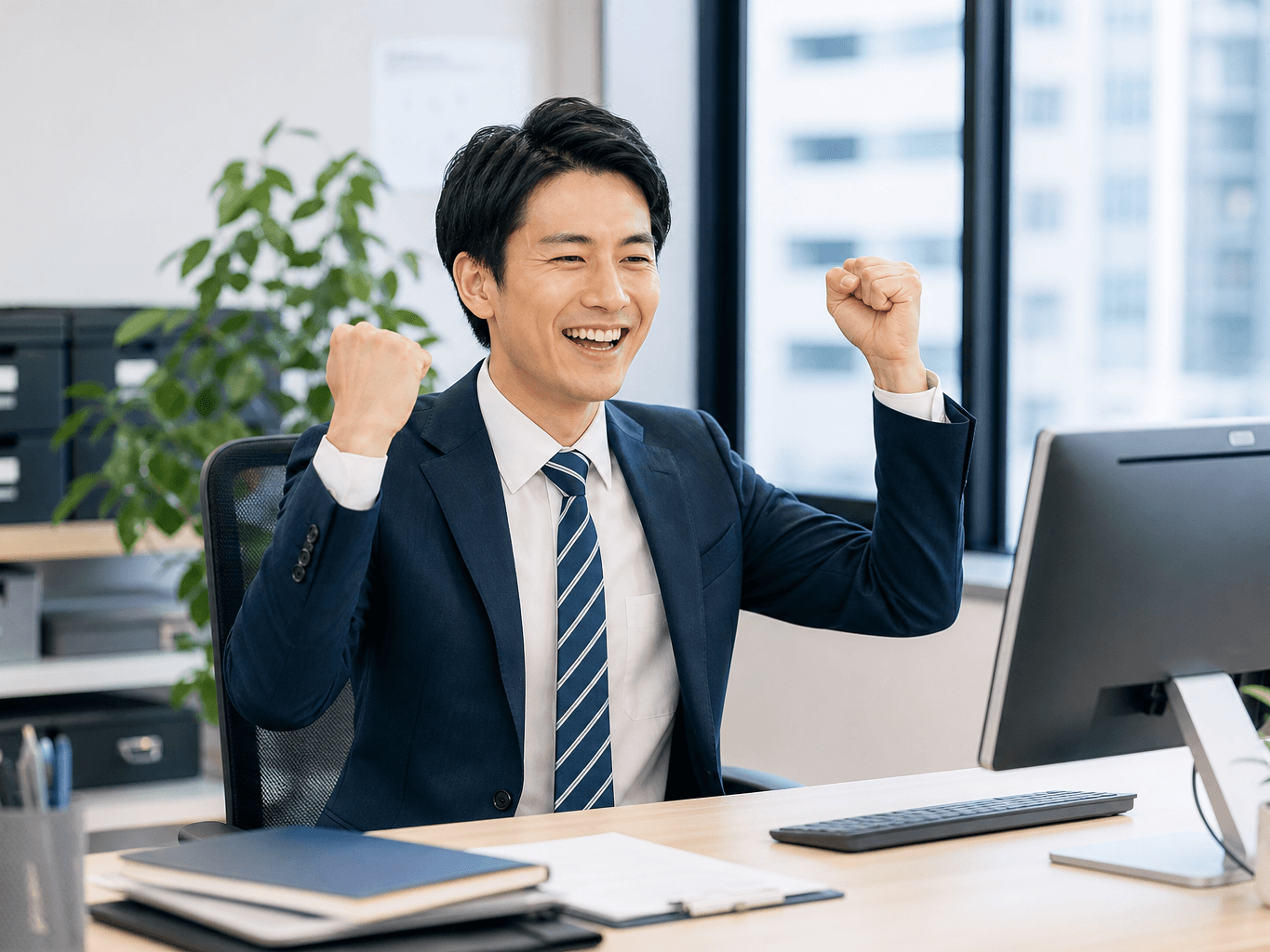四半期目標を達成しデスクで晴れやかな笑顔を見せる中堅男性ビジネスパーソンの様子 - Businessman smiling brightly at his office desk