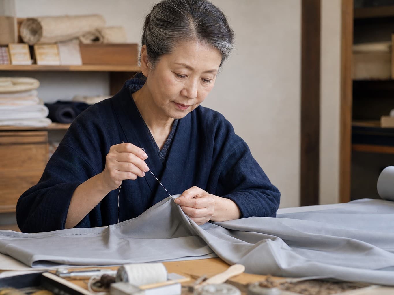 反物に針を運ぶ和裁士 - tailor hand-sewing a kimono sleeve