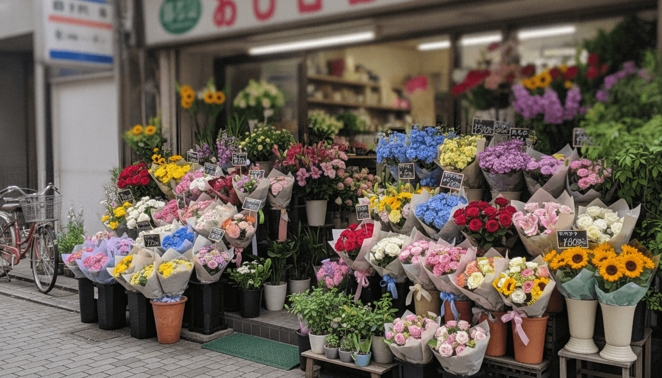花屋の店先に並ぶ色鮮やかな花束