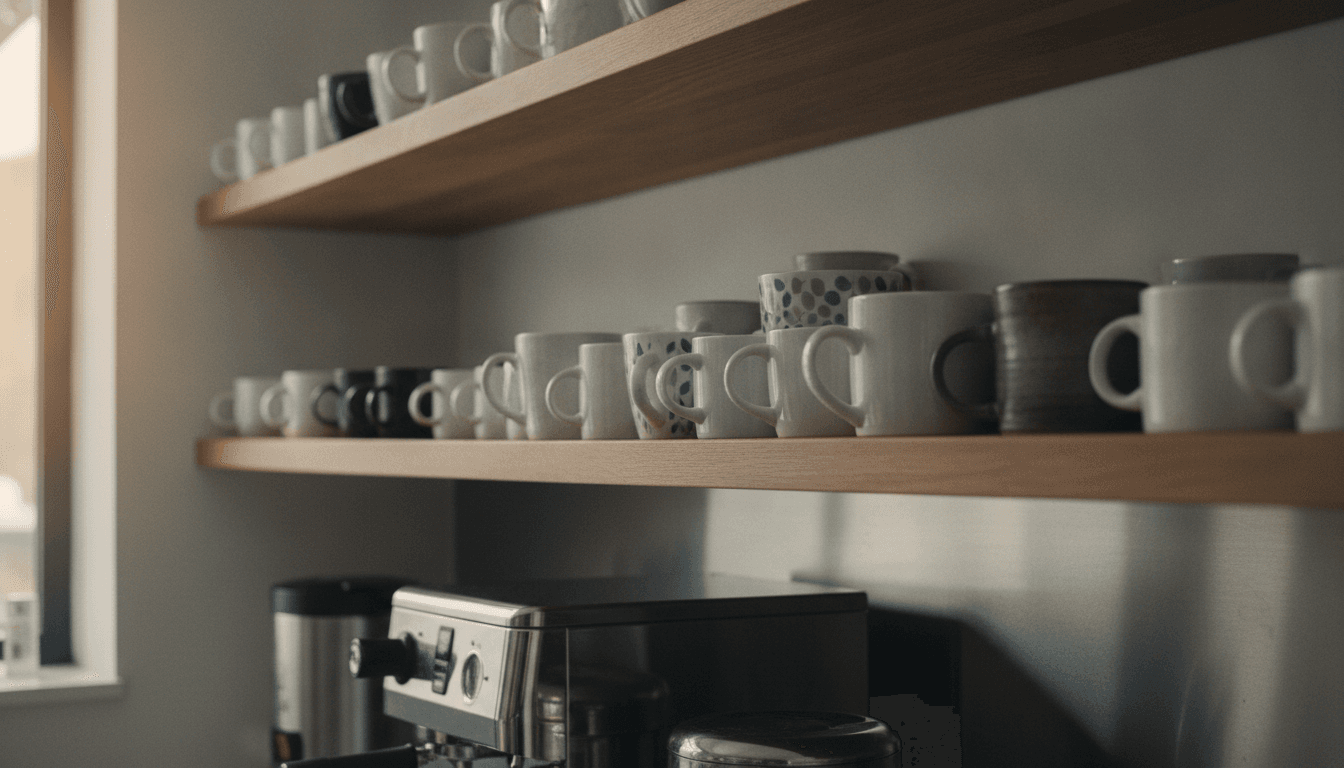 オフィスの給湯室の棚に並ぶコーヒーカップ