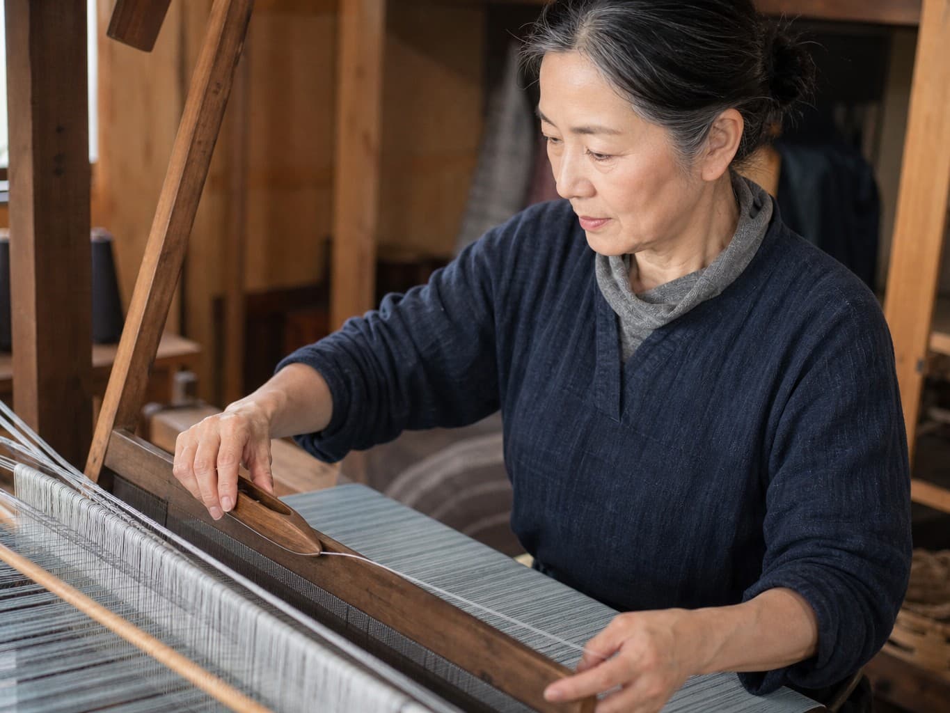 織機で布を織る機織り職人 - Weaver working at a traditional loom