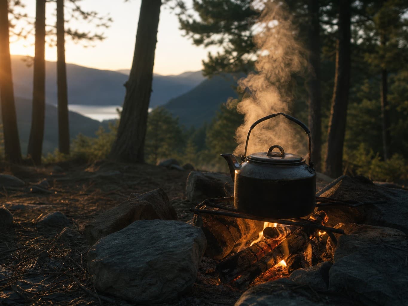 焚き火にかけたケトルから立ち上る湯気 - Steam rising from a kettle over a campfire