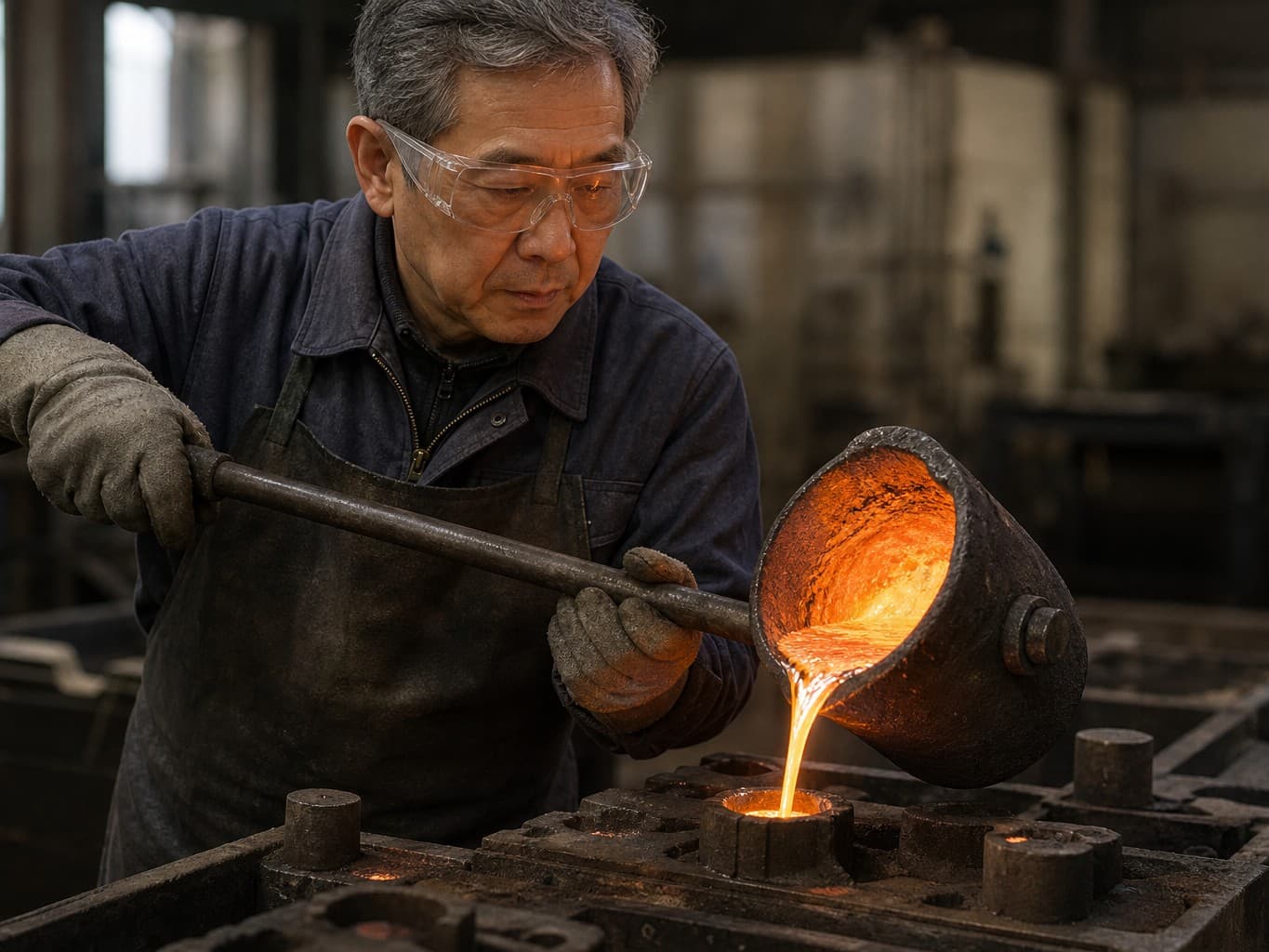 溶けた金属を型に流す鋳物職人 - Foundry worker pouring molten metal into a mold