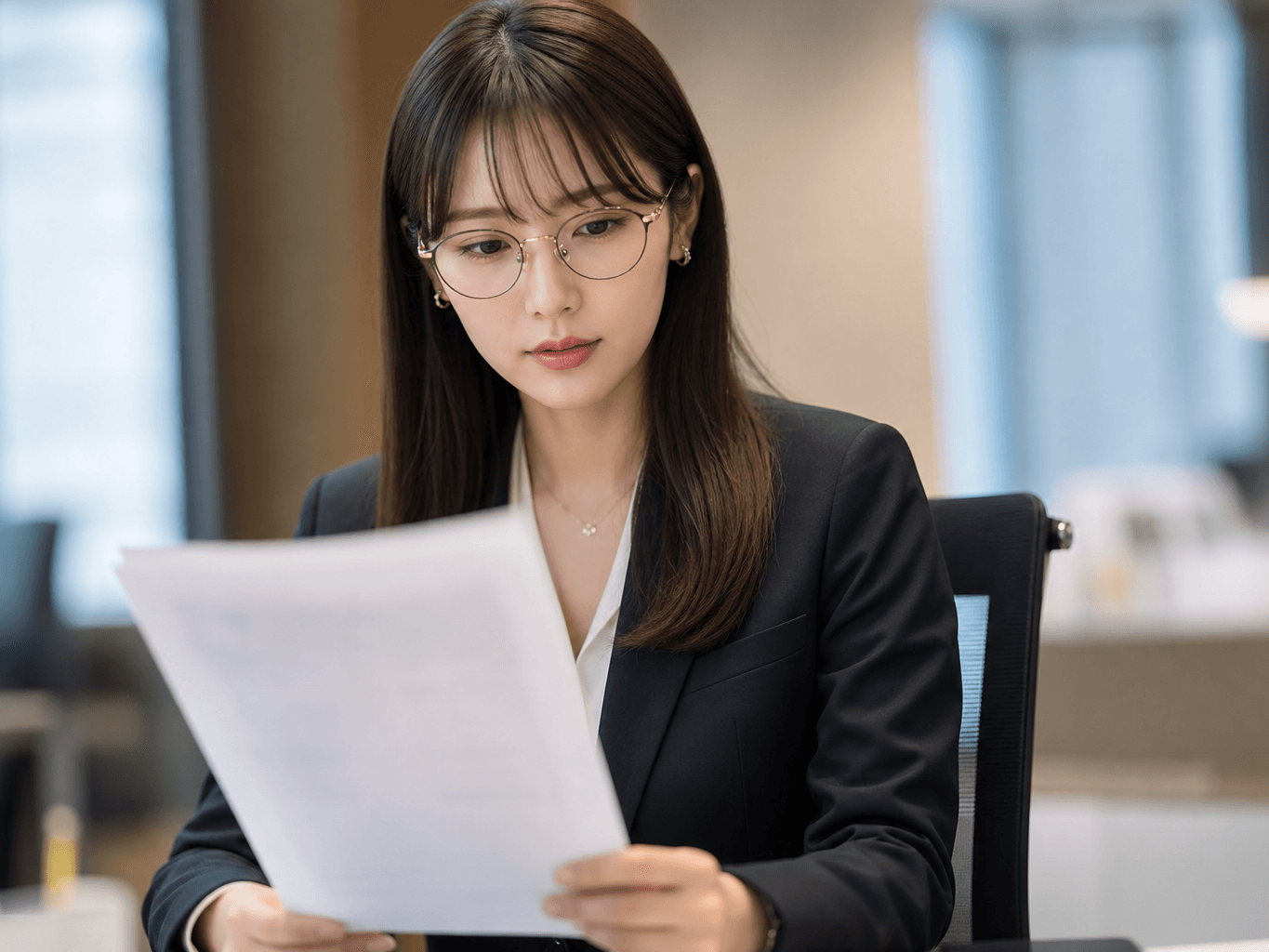 決裁書類を真剣に確認する女性マネージャー - Female Manager Carefully Reviewing Documents