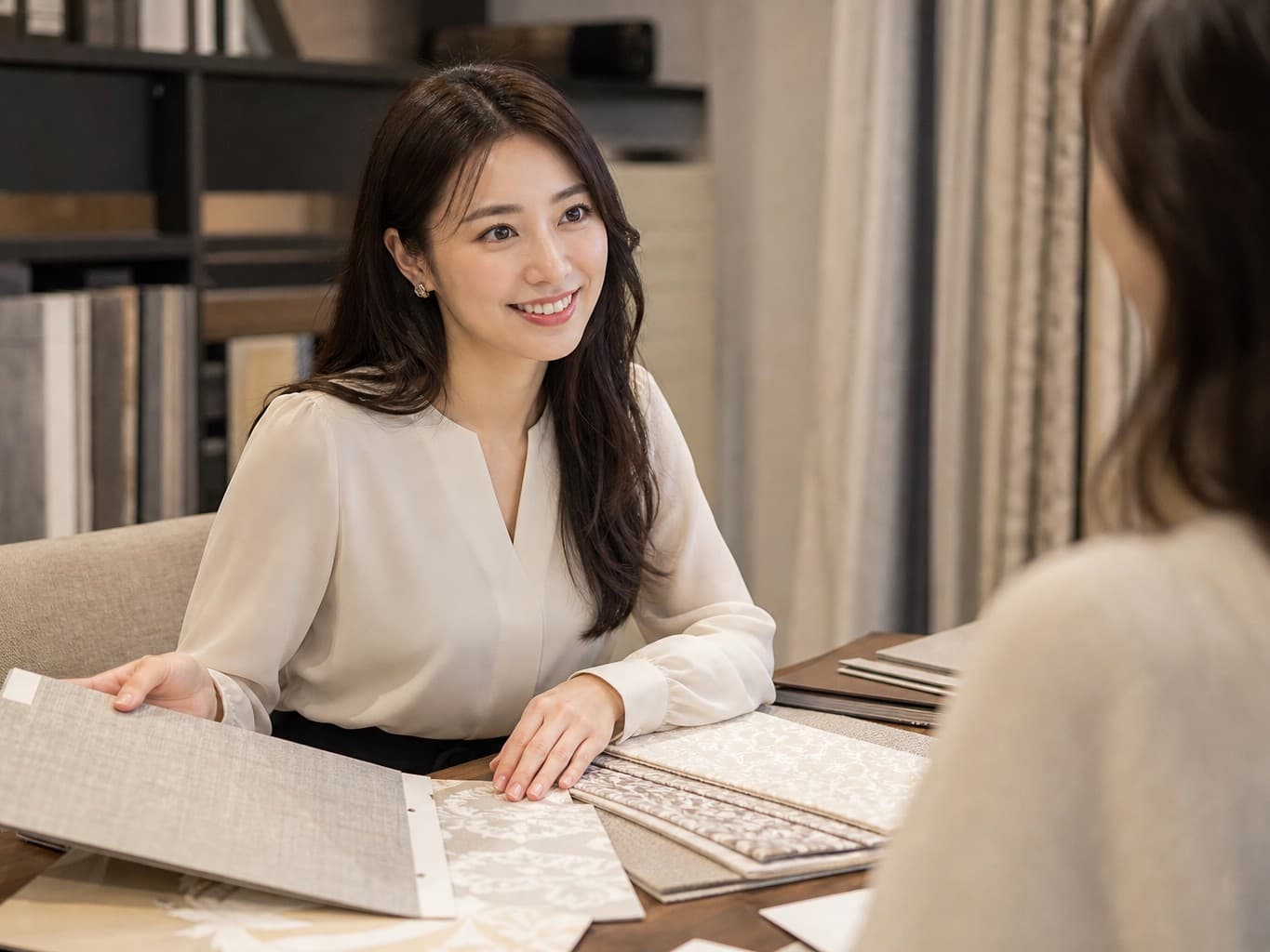 生地見本を提案するインテリアコーディネーター - Interior coordinator presenting fabric samples to a client