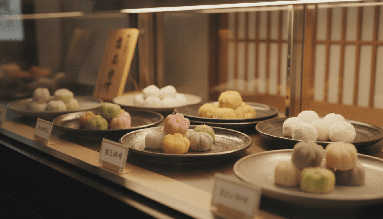 伝統的な和菓子が整然と並ぶ店の陳列棚