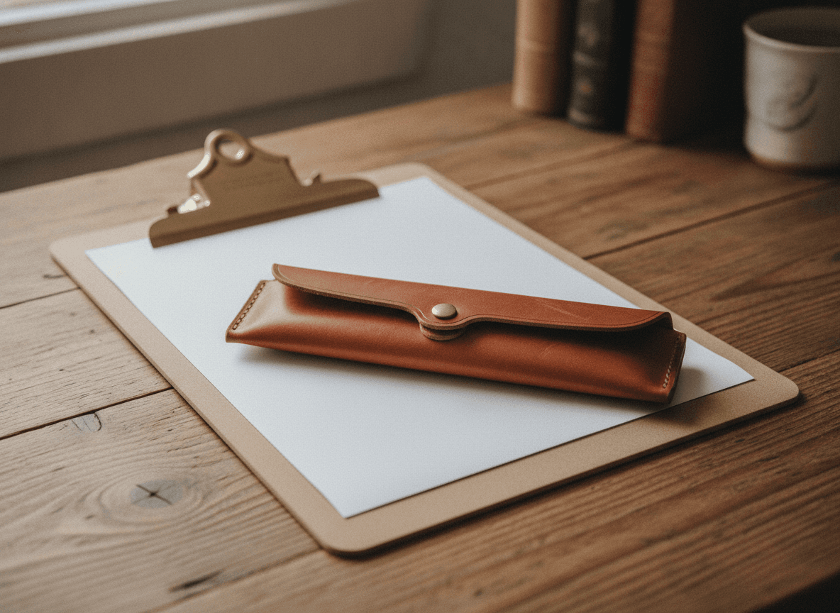 机上の革製ペンケースと真鍮クリップボード - Leather Pen Case and Brass Clipboard on Desk