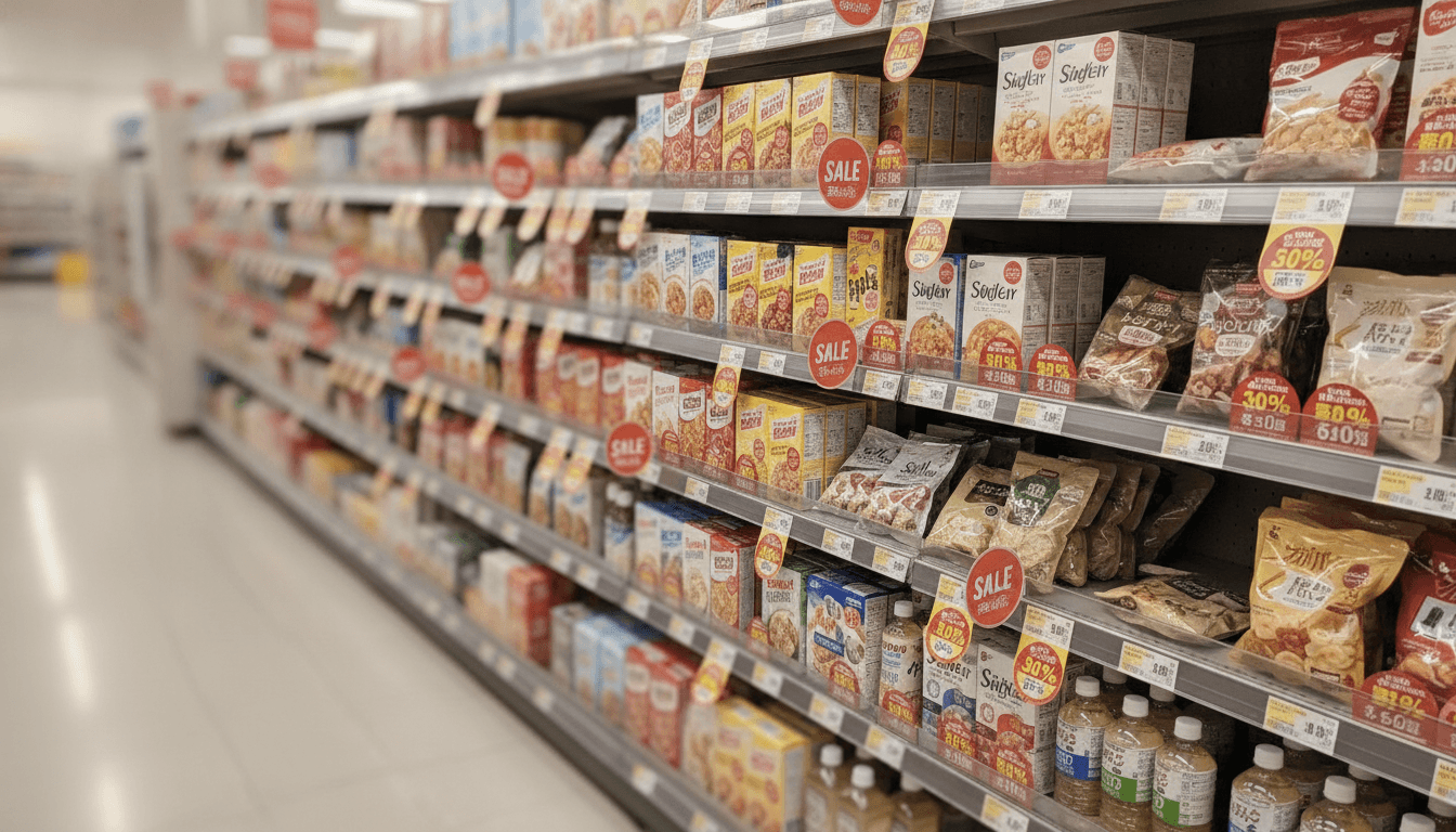 値引きシールが貼られた店舗の商品棚