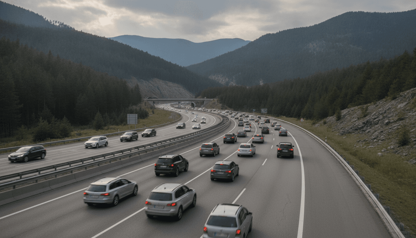 日中の高速道路を走る車列の遠景