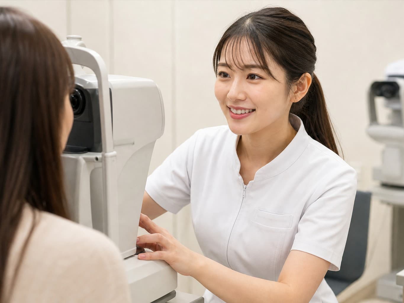 視力検査をする視能訓練士 - Orthoptist preparing an eye exam for a patient